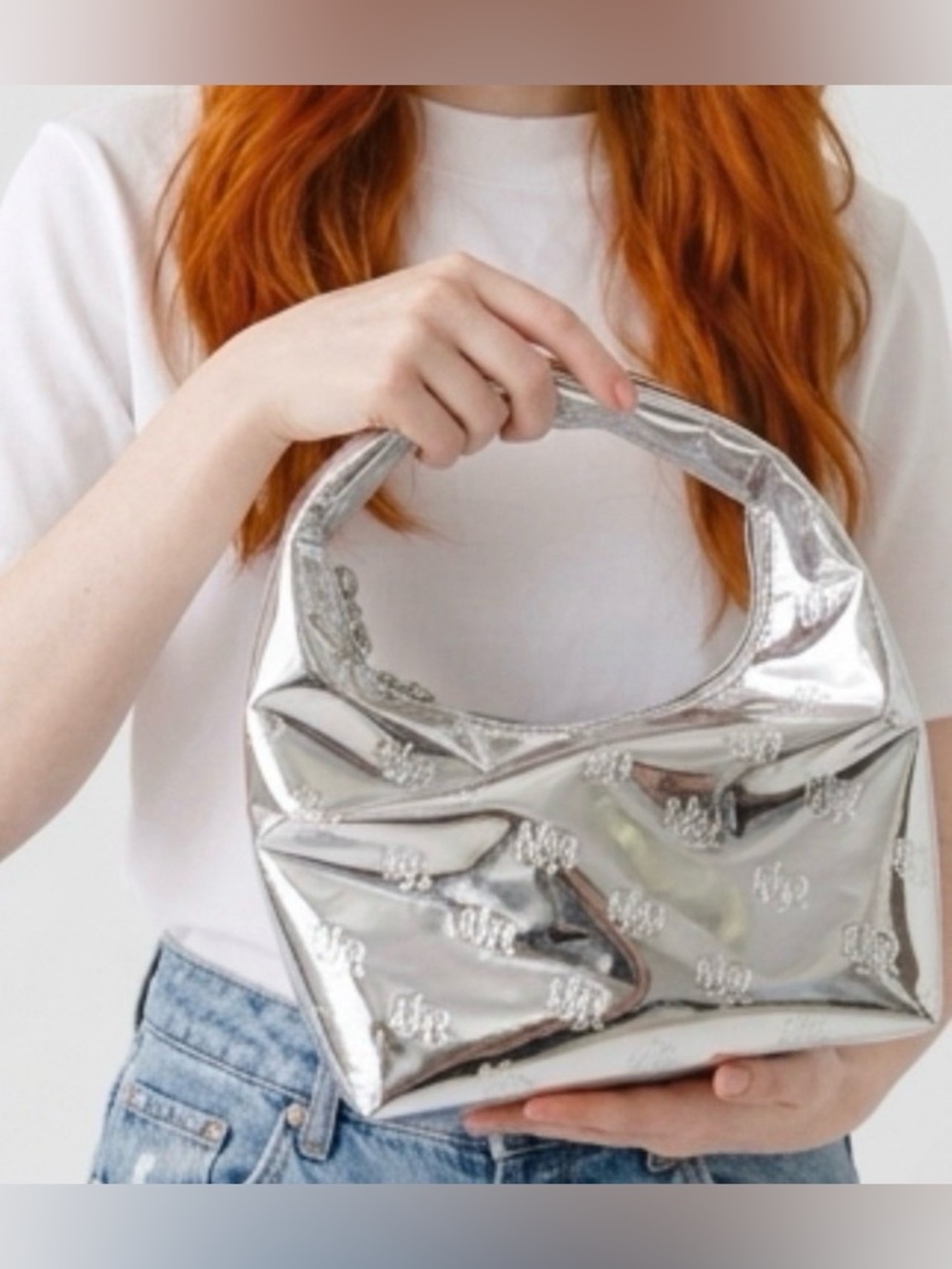Huda Beauty Chrome Silver Color Small Makeup Cosmetic Handbag  8” x 7.5” x 4”